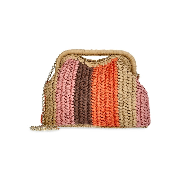 Time and Tru Women's Striped Straw Frame Clutch Handbag, Multicolor