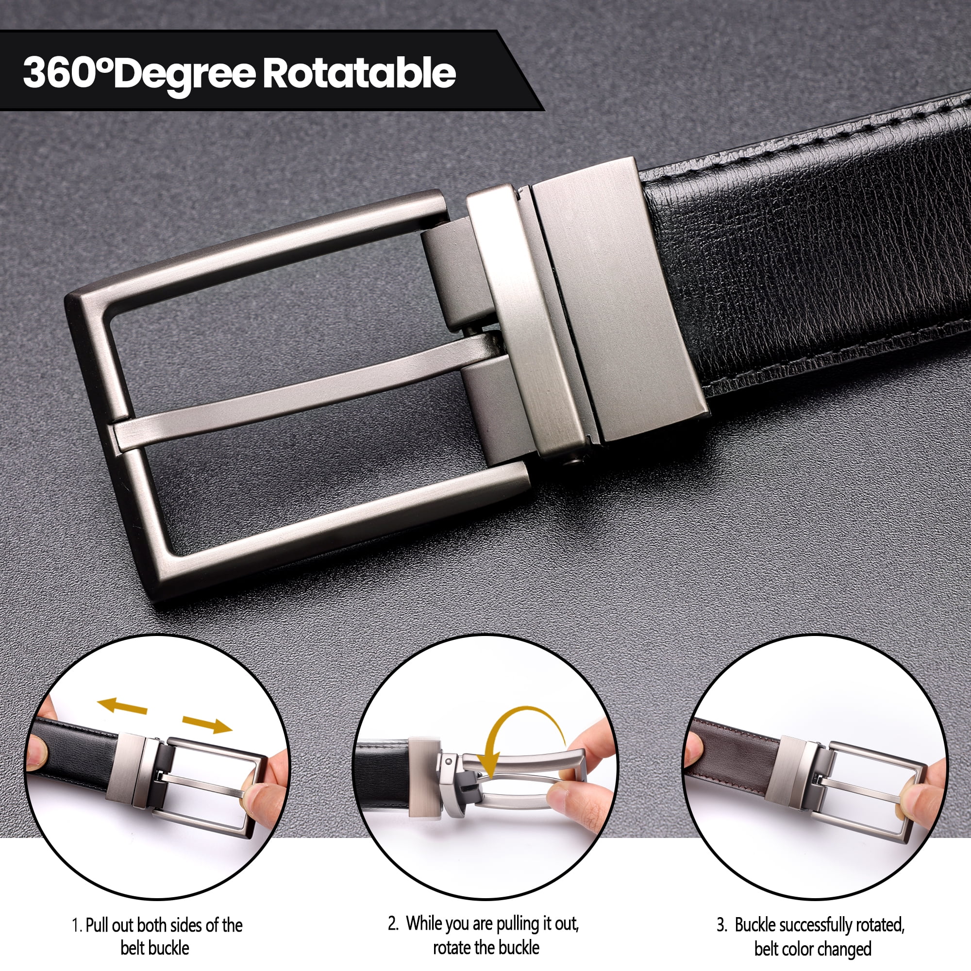 Maikun Mens Reversible Leather Belt, Rotatable Buckle, Black and