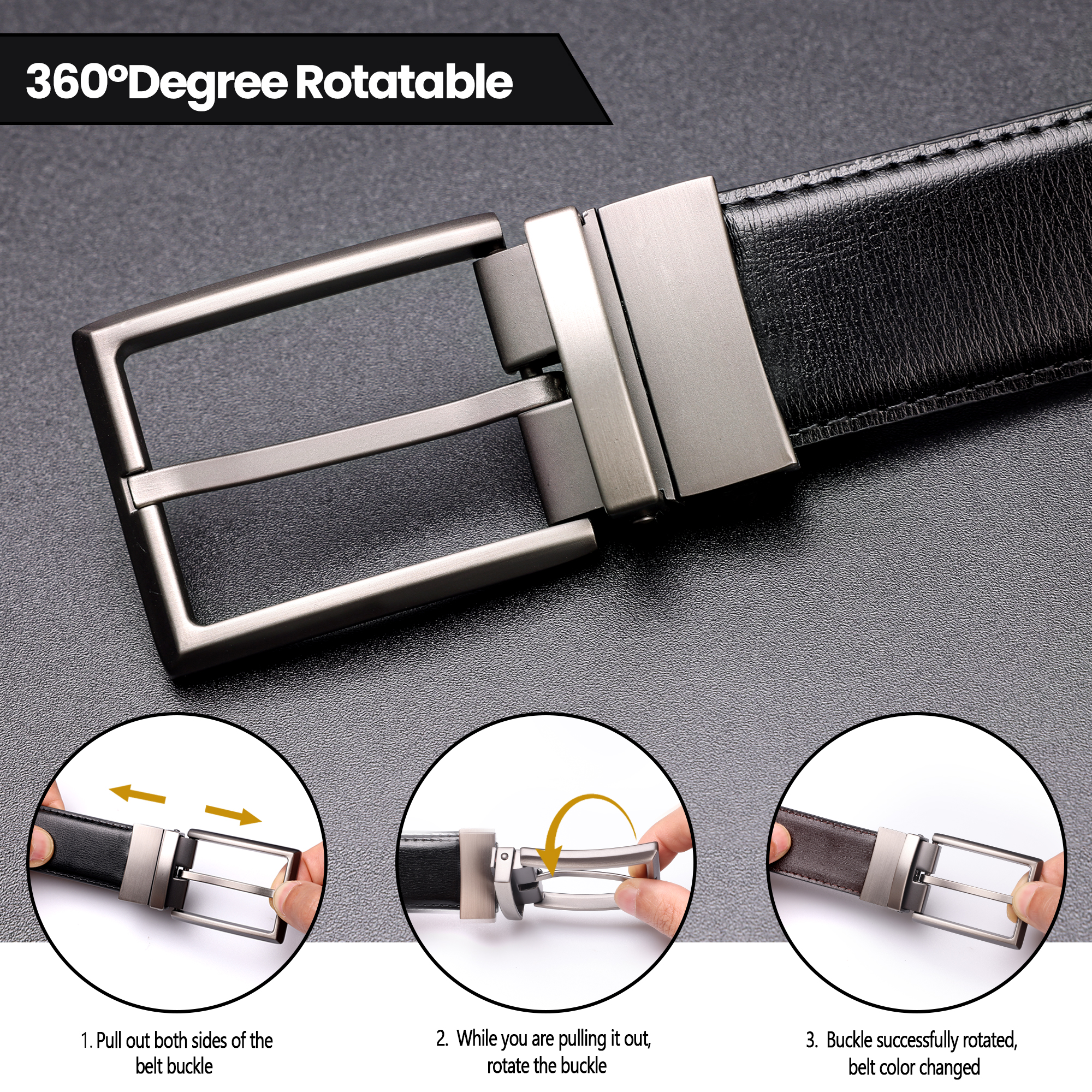 Maikun Men's Reversible Leather Belt, Black/Brown photo 8