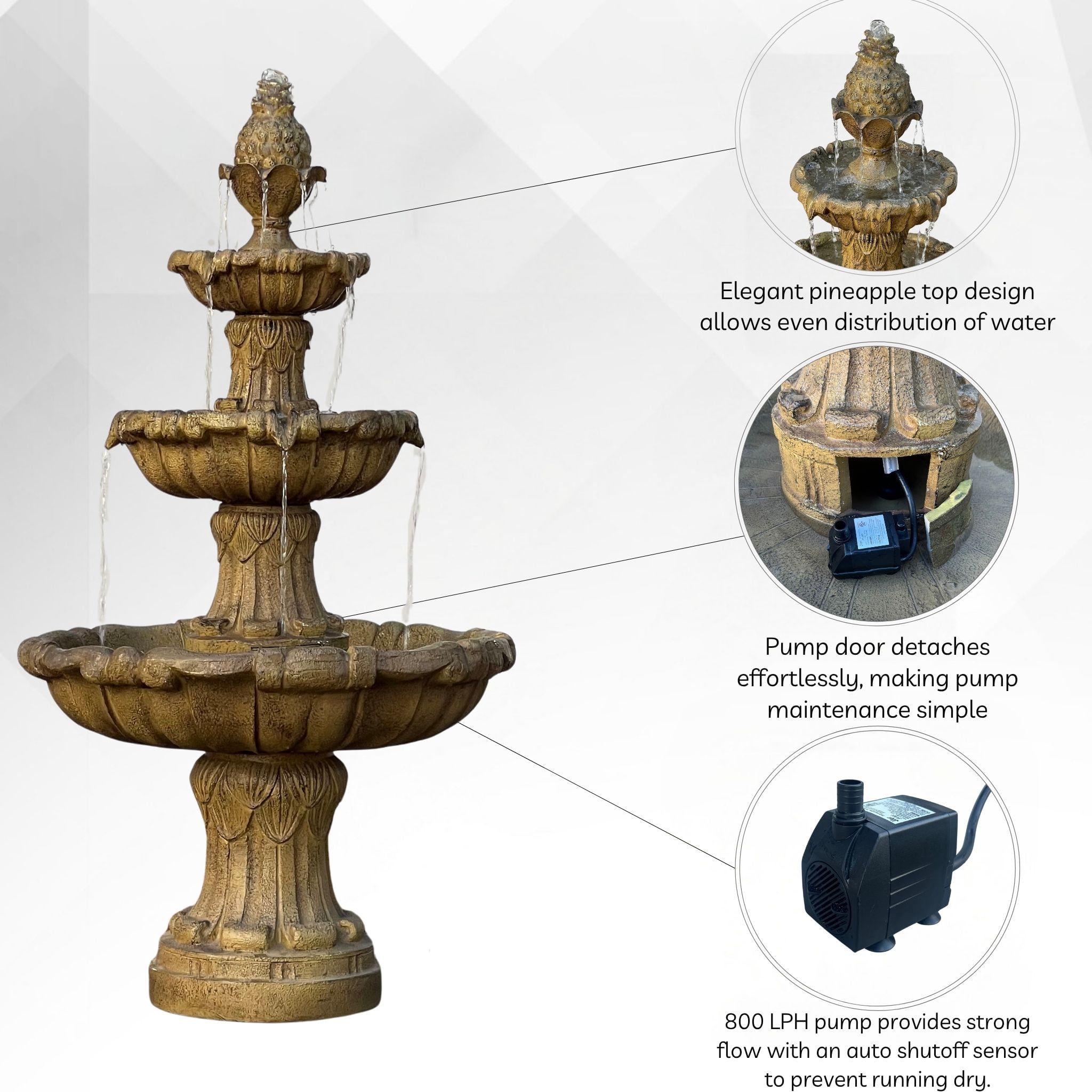 58.3" 3-Tier Electric Outdoor Freestanding Water Fountain - Classic Leaf Design, Beige Resin with Pump