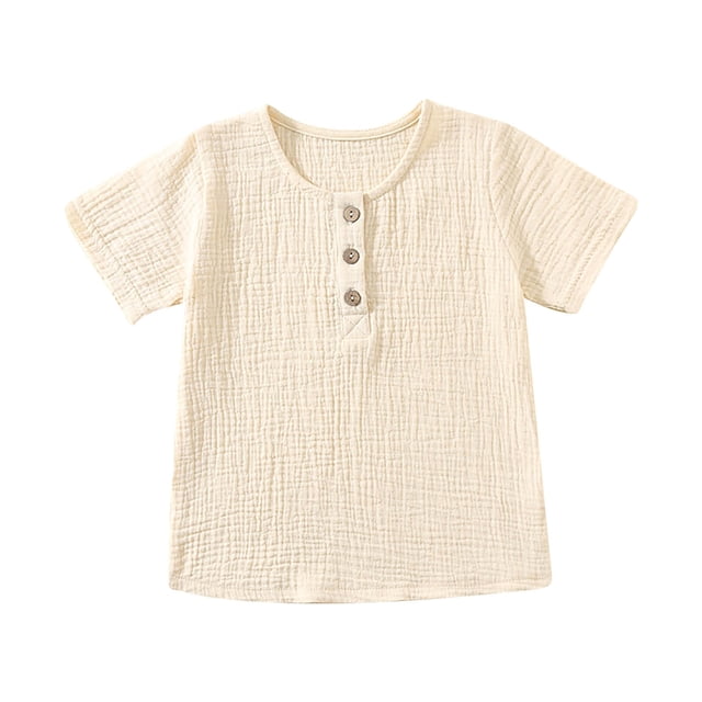 Zpanxa Chemises Garçon Chemise en Fil Froissé Col Rond Manches Longues Haut à Boutons Mode avec Polyester Spandex 2-3 Ans