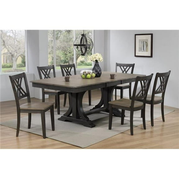 Iconic Furniture RT82-TR-CH56GRSBKS 7 42 x 64 x 82 in. Double Pedestal Transitional Antiqued X-Back Chair Dining Set with Grey Stone & Black Stone Finish - 7 Piece