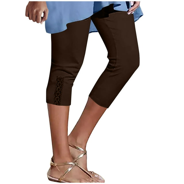 Leggings pour Femmes, Pantalons Raccourcis pour Femmes avec Dentelle, Couleur Unie, Sport Décontracté, Pantalons Raccourcis Ajustés
