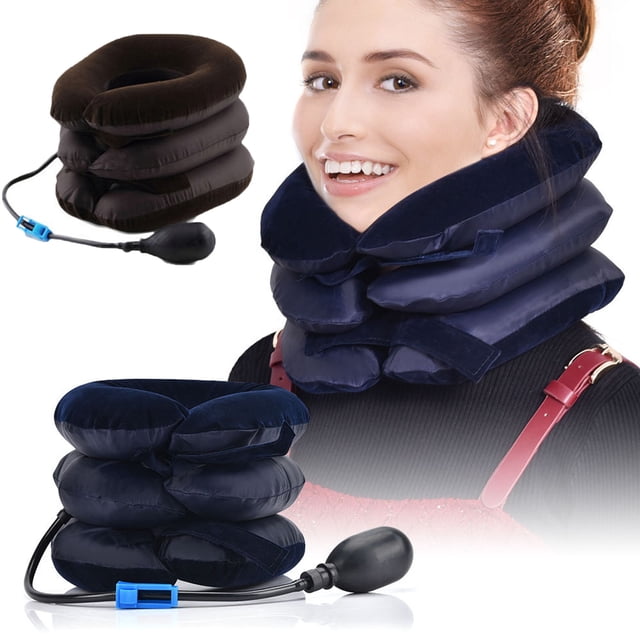 Lightweight Cervical Traction Device for Neck & Shoulder Pain Relief - Adjustable Universal Size, Comfortable Inflatable Neck Brace with Manual Pump, PVC+Flannel, Dark Blue/Brown, 27x28cm