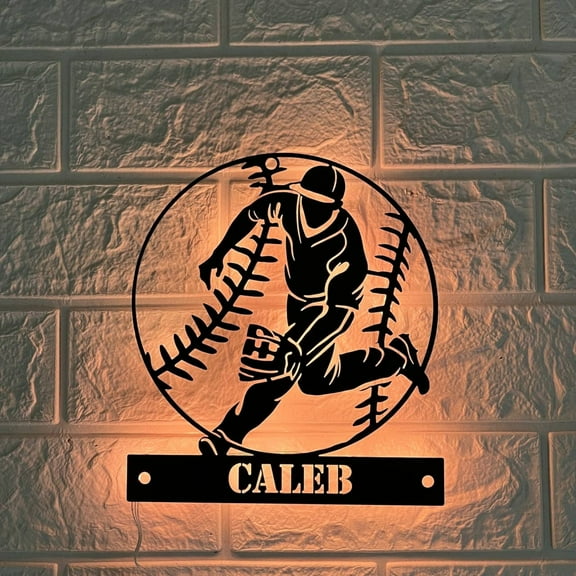 Handmadetneonsign Custom Baseball Player Metal Wall Art LED Light - Personalized Softball Player Name