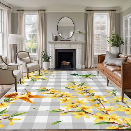 6x9 Area Rugs for Living Room, Spring Forsythia Flowers Non Slip Area Rugs for Kitchen Bedroom Entryway, Yellow Floral Hummingbird Gray Plaid Washable Carpet Runner Rug Floor Mats for Bedroom