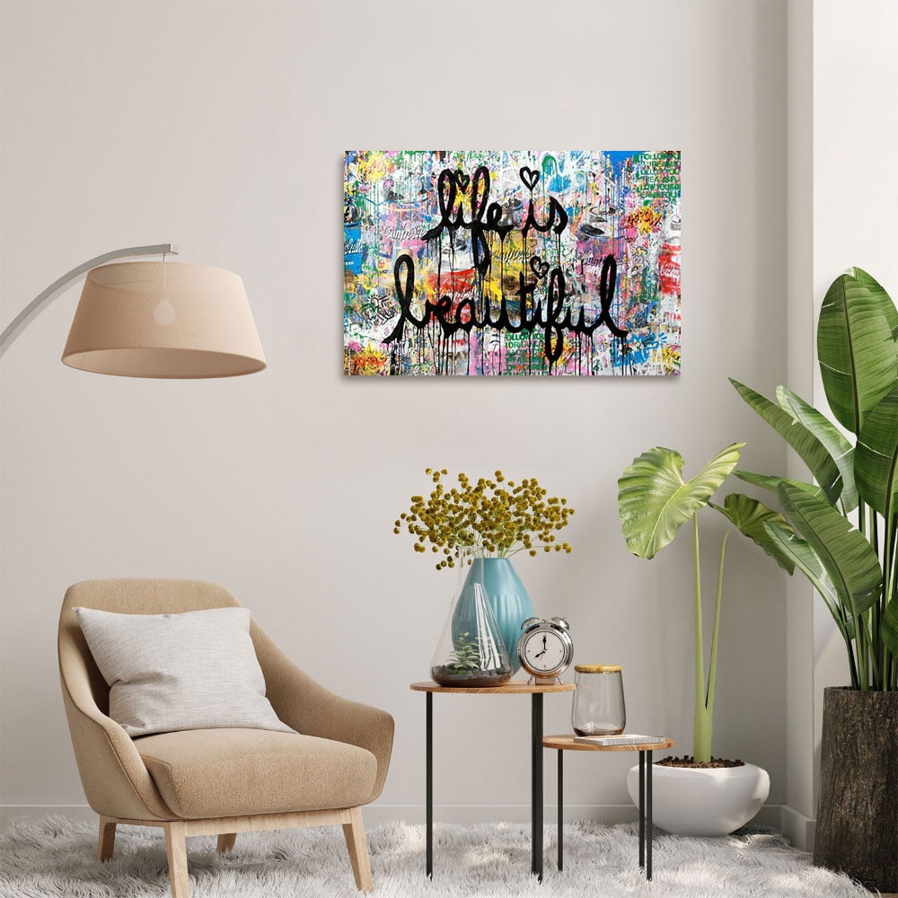 Banksy Canvas Wall Art Life is Beautiful Graffiti Abstract Painting Posters and Prints for Home Decor Living Room Office, Framed Ready to Hang(40" W x 30" H，Framed)