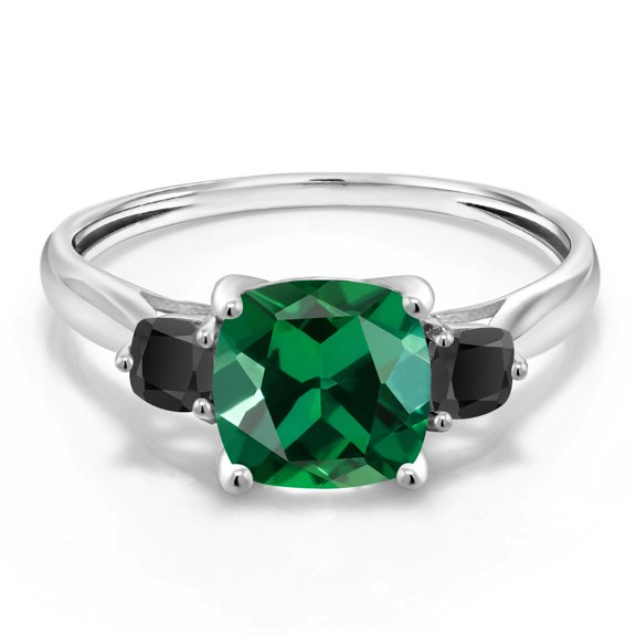 Gem Stone King 10K White Gold Green Nano Emerald and Black Onyx 3 Stone Engagement Ring for Women (0.91 Cttw, Cushion 7MM, Gemstone May Birthstone, Size 6)