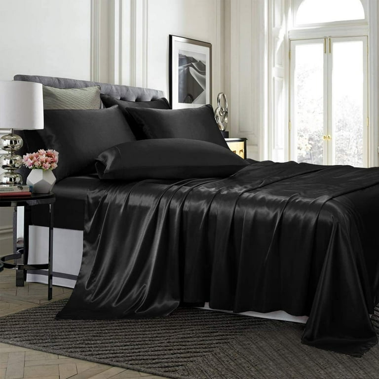 Satin Sheets King Size 4-pieces Silky Sheets Microfiber Black Bed Sheet Set  With 1 Deep Pocket Fitted Sheet