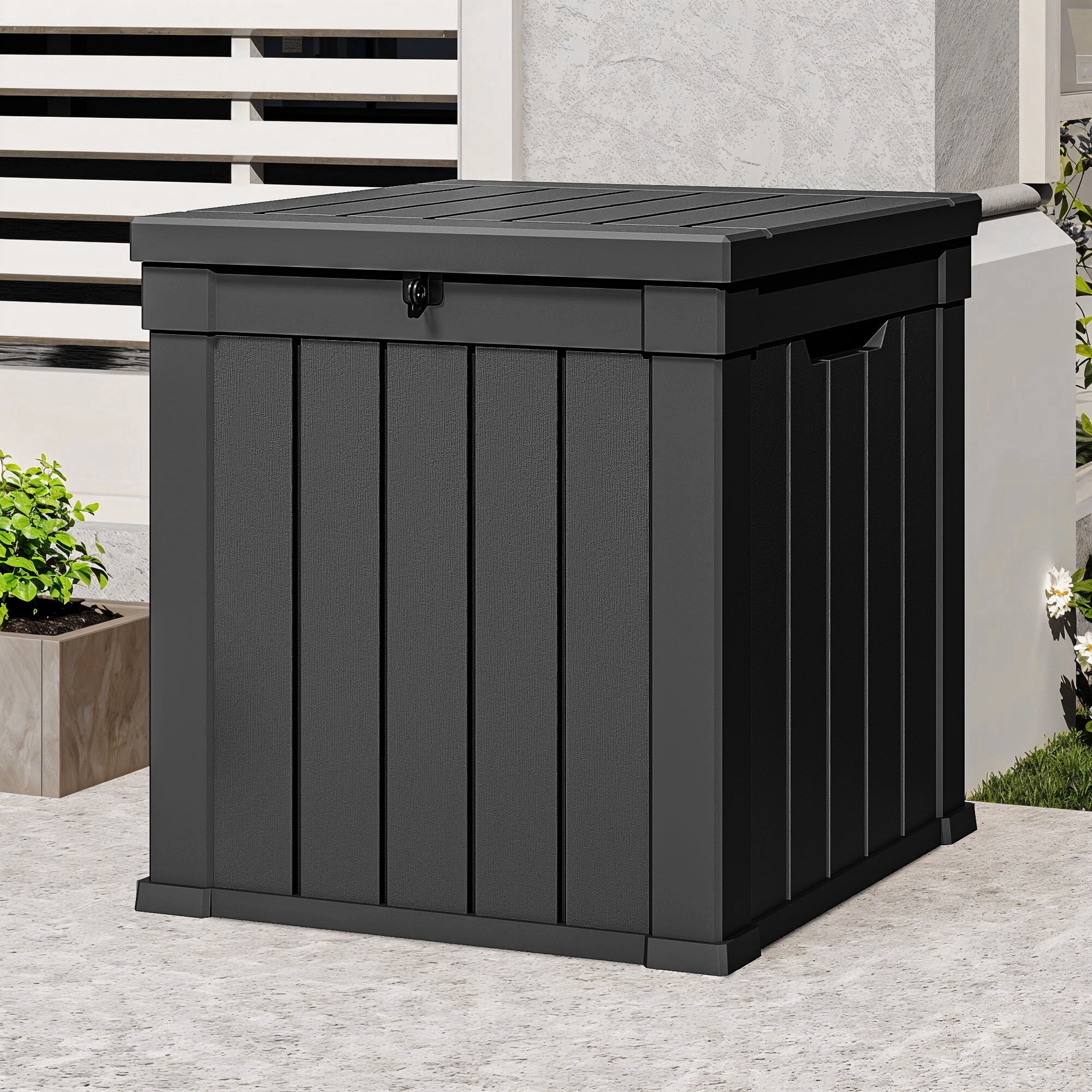 Uforic 51 Gallon Waterproof Lockable Deck Box, Resin Outdoor Storage Box, Black