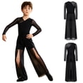 thumbnail image 3 of Aislor Boys Lyrical Outfit Long Sleeve V Neck Back Zipper Leotard with Mesh Split Pants Modern Dance Set for Recital Black 10, 3 of 7
