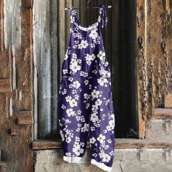 Pisexur Women's Pants,Pants for Women Ladies' Print Sleeveless Two Pocket Casual Overalls Jumpsuit Jumpsuit Pants Purple,L