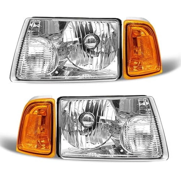 for 2001 2002 2003 2004 2005 2006 2007 2008 2009 2010 2011 Ford Ranger Headlight Assembly Clear Lens Chrome Housing with Amber Reflector Headlight Replacement Driver and Passenger Side