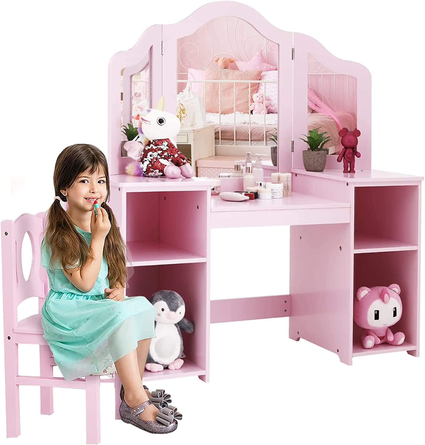 Homfa Children's Dressing Table, 2 in 1 Wooden Princess Dressing Table