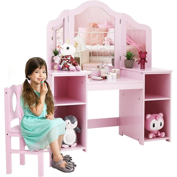 Homfa Children's Dressing Table, 2 in 1 Wooden Princess Dressing Table