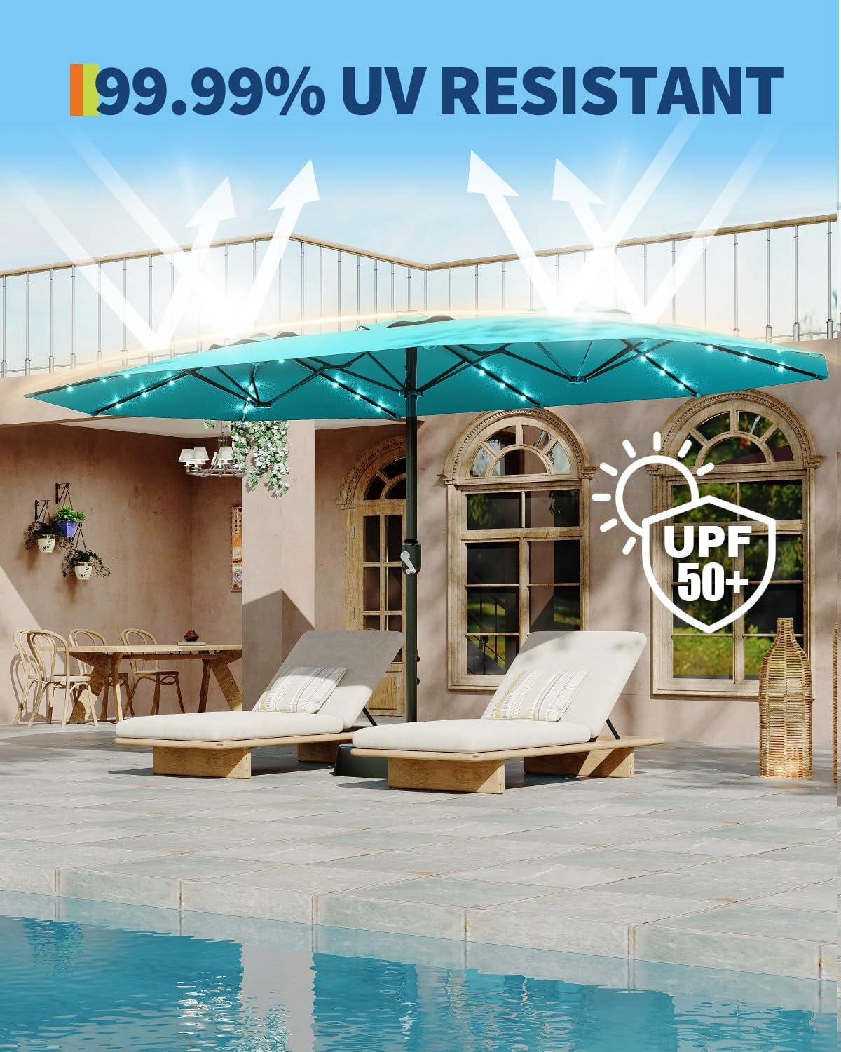15ft Patio Umbrella with Solar Lights, Outdoor Large Umbrellas with Crank Handle and 36 LED Lights, Rectangular Market Umbrella with Base Included for Deck Pool Shade