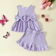 thumbnail image 2 of DGQPLPD Summer Toddler Girl Outfits Sleeveless Ribbed Bow Vest Top with Ruffle Shorts Play Set for Baby Kids Casual Wear 3-4 Years Purple, 2 of 7