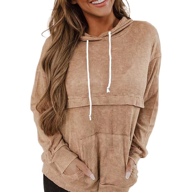 MAWCLOS Women Loose Fit Long Sleeve Pullover Winter Solid Color Hooded Tops Khaki XL