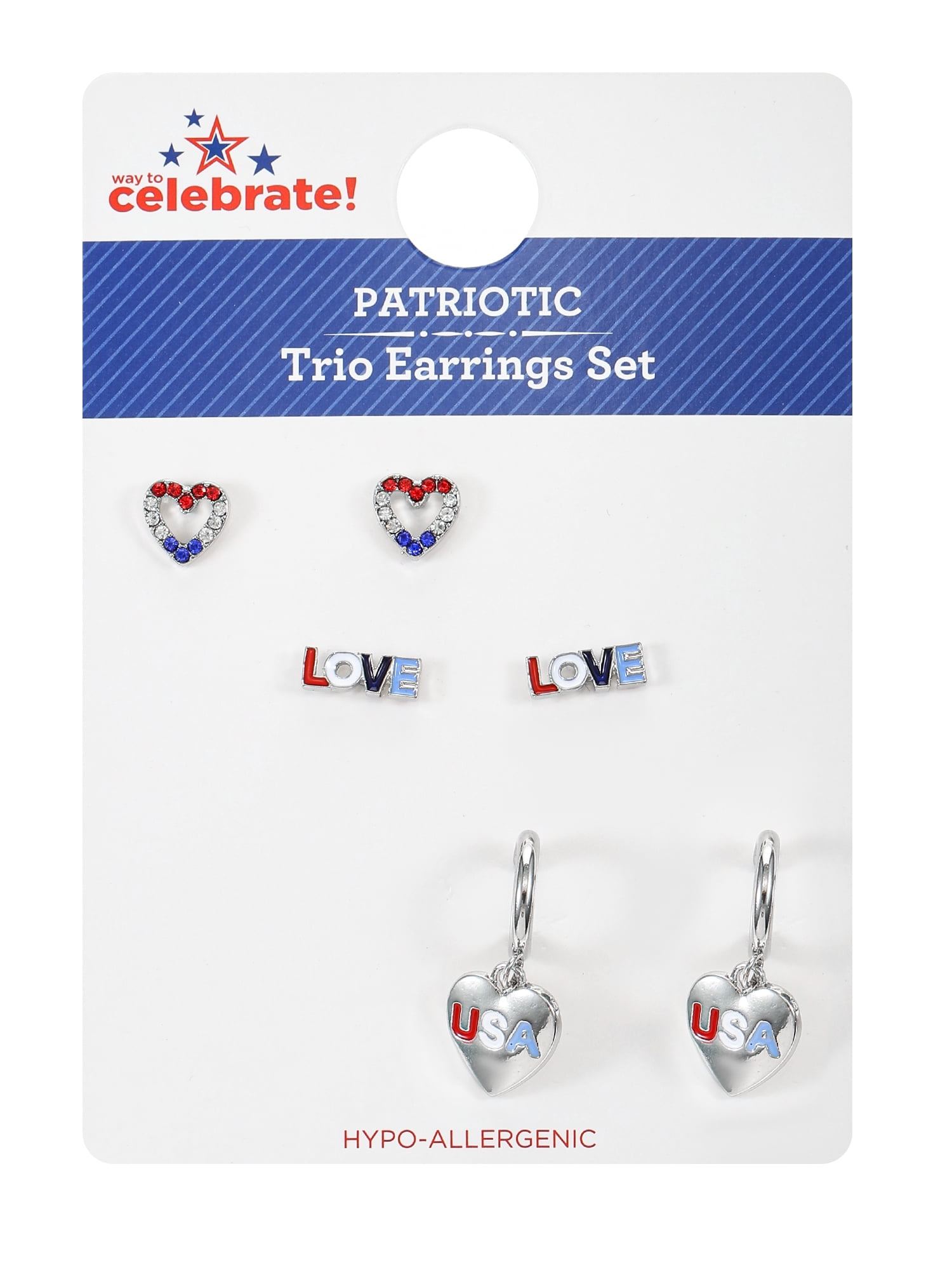 Way to Celebrate Americana Silvertone Hearts Earring Trio, 3 Pairs