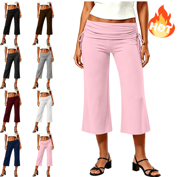 Mifsaly Loose Capri Pants for Women Foldover Waistband Wide Leg Lounge Capris Lightweight Breathable Yoga Dance Everyday Cropped Trousers Pink,S