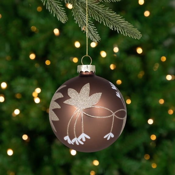 Northlight Glittered Flower Vine Glass Christmas Ball Ornaments - 3" (75mm) - Bronze - 4ct