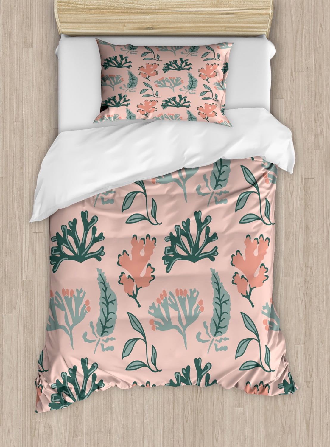 Under the Sea Duvet Cover Set, Dark Sea Green Tone and Coral Seaweed Water Plantation Print