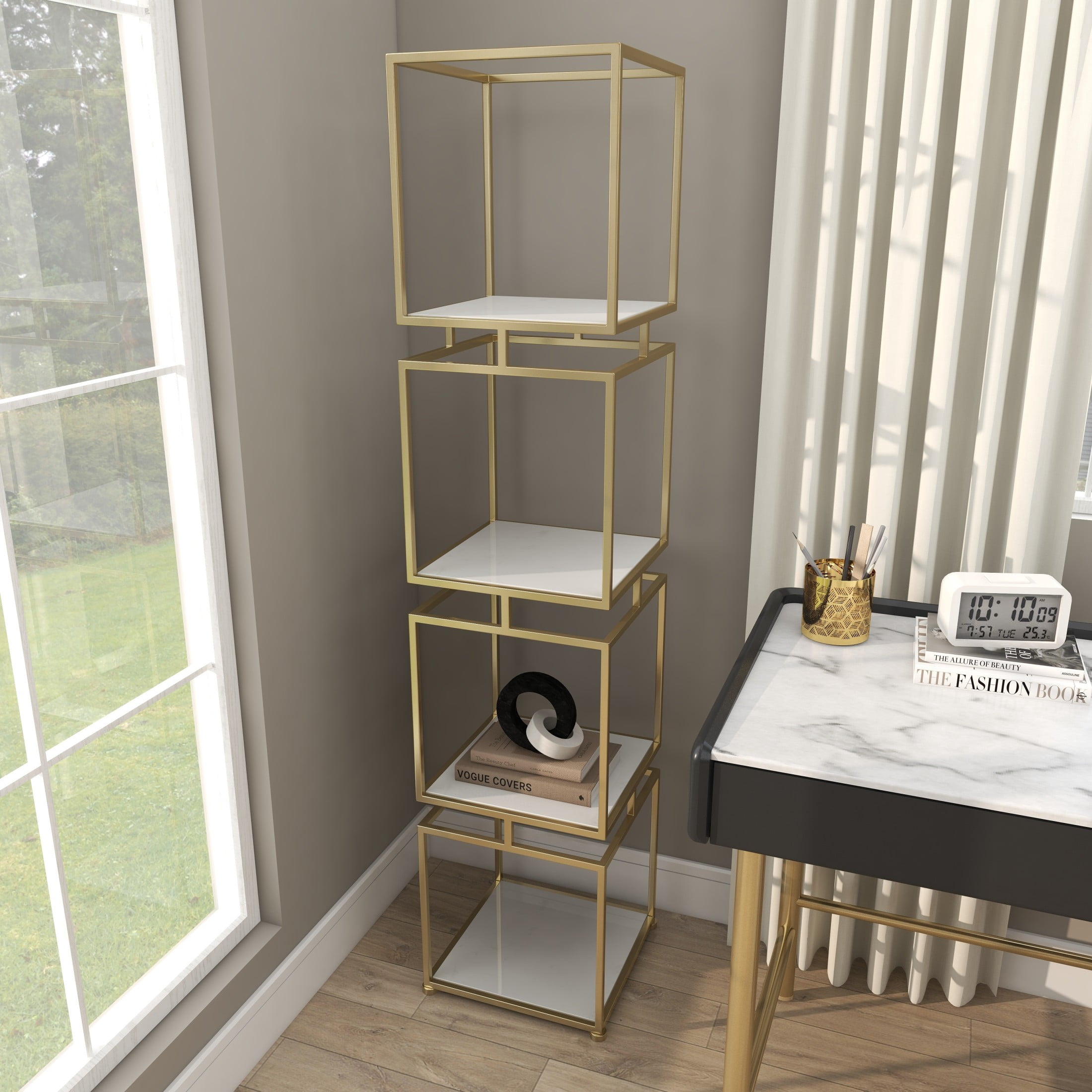 DecMode 14" x 62" Gold Metal Cube 4-Tier Shelving Unit with 4 Marble Shelves, 1-Piece