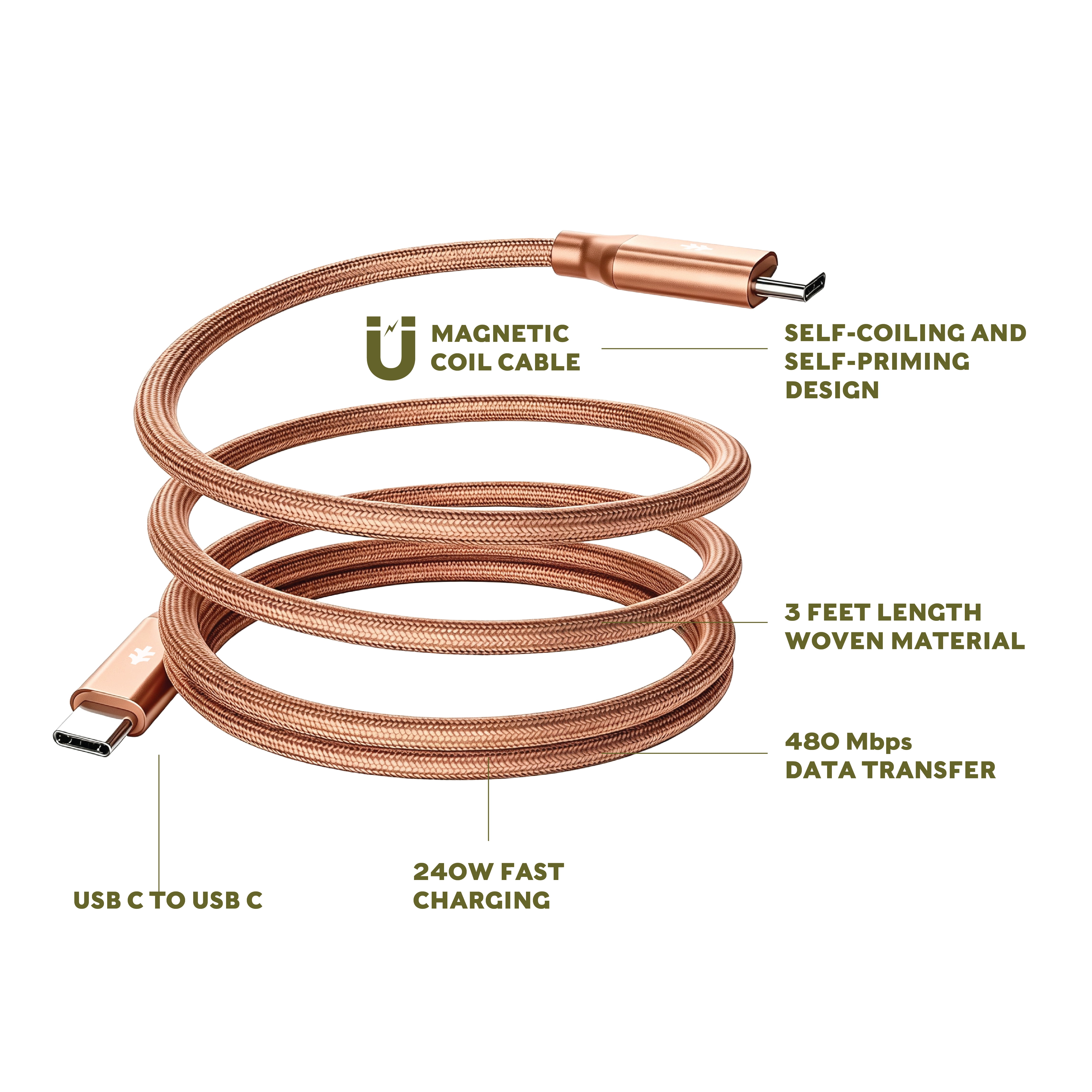 Swiss Tech Kabel M240 3 ft 240W Magnetic Self-Coiling USB-C Charging Cable, Terra Orange