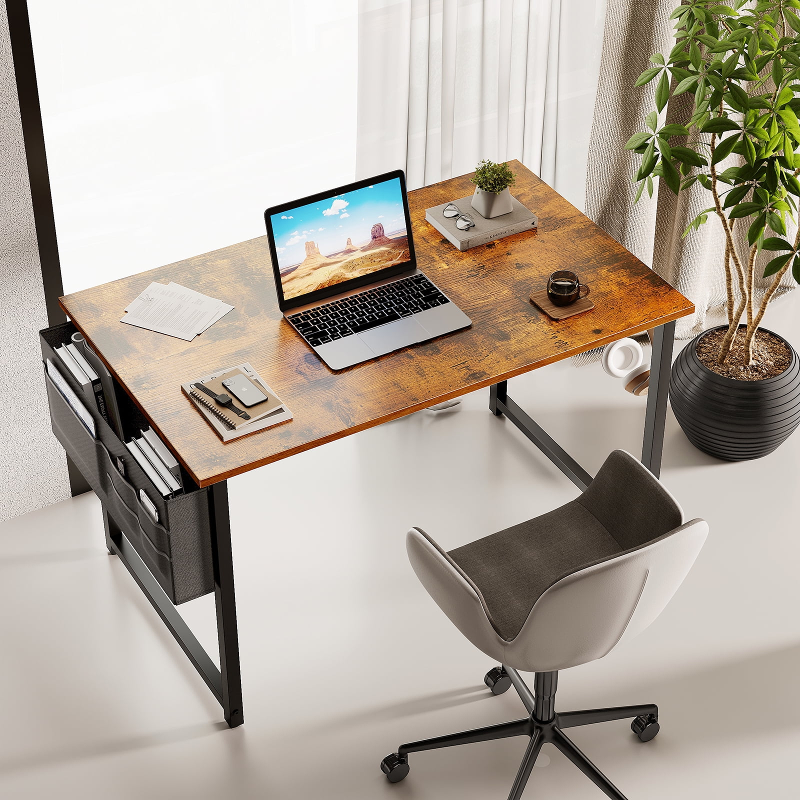 Modern Writing Desk - 40 Inch Office Table with Storage and Hooks, Wood  Computer Desk for Bedroom, Small Home Office, PC Table Desk, Rust Brown