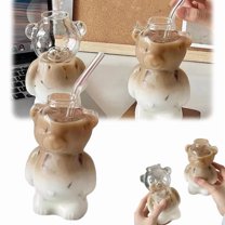 320ML Transparent Cartoon Bear Shaped Coffee Mug, Cute Bear Glass Cup with Straw – Innovative Drinkware for Milk, Coffee & Water(with straws)