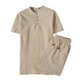 thumbnail image 3 of Men's Linen Suit Men's 2 Piece Outfits Summer Short Sleeve Shirt Top and Casual Shorts Set Sports Suit Two Piece Set Summer Shirt and Shorts Set, 3 of 8