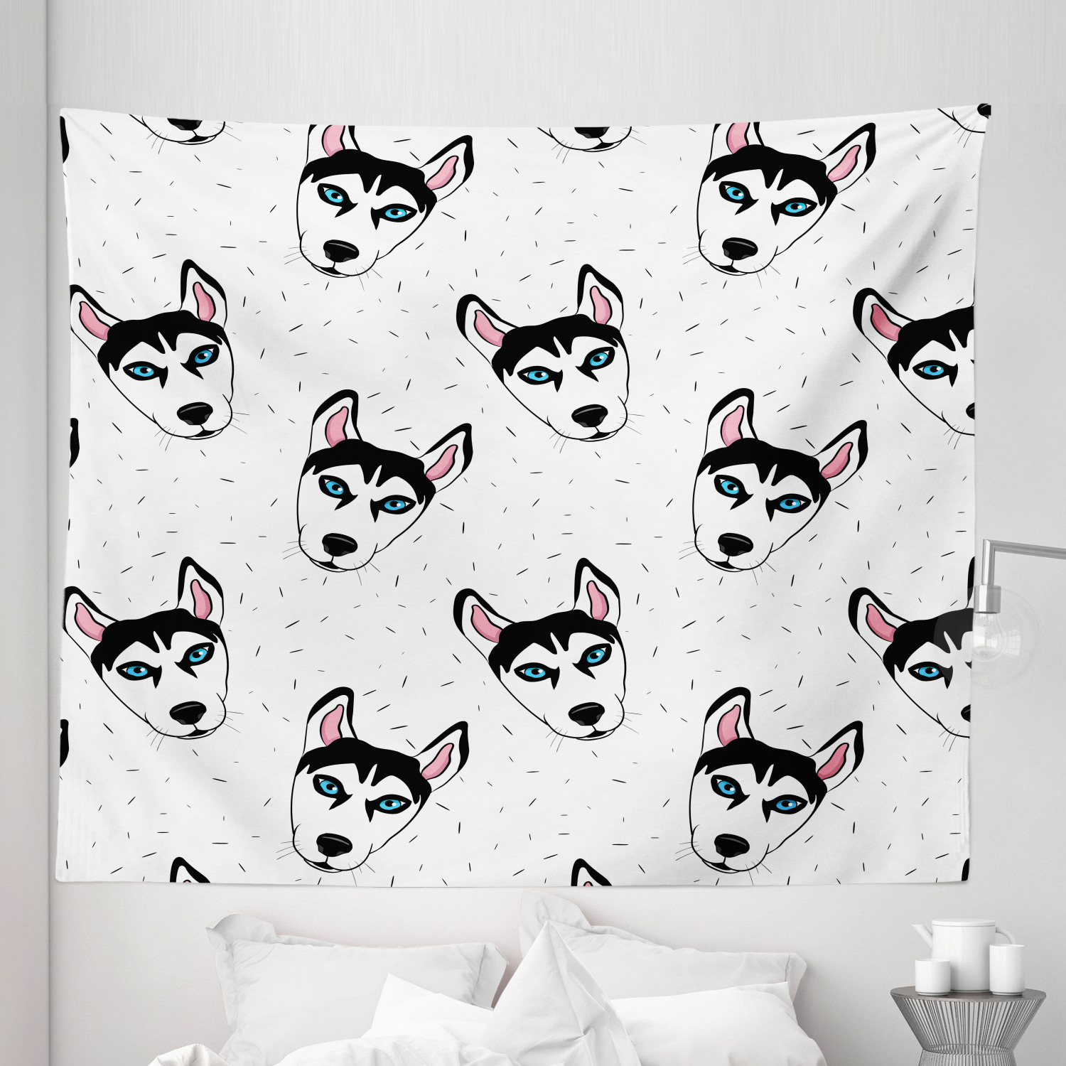 Husky Tapestry, Repetitive Dog Pattern Cartoon Style Hairy Siberian ...