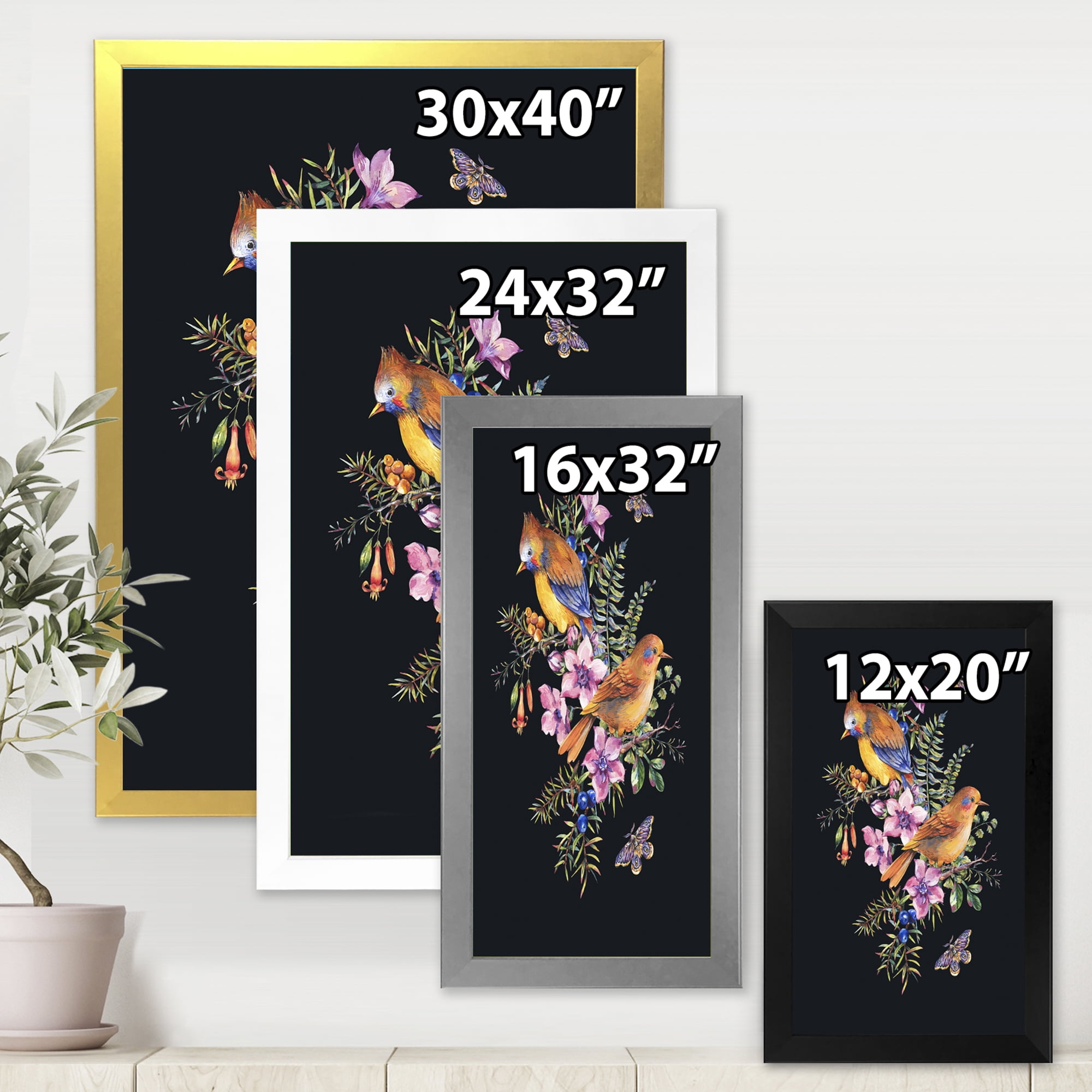 Designart 'Little Bird Sitting On Colourful Bouquet Of Wildflowers II' Traditional Framed Art Print