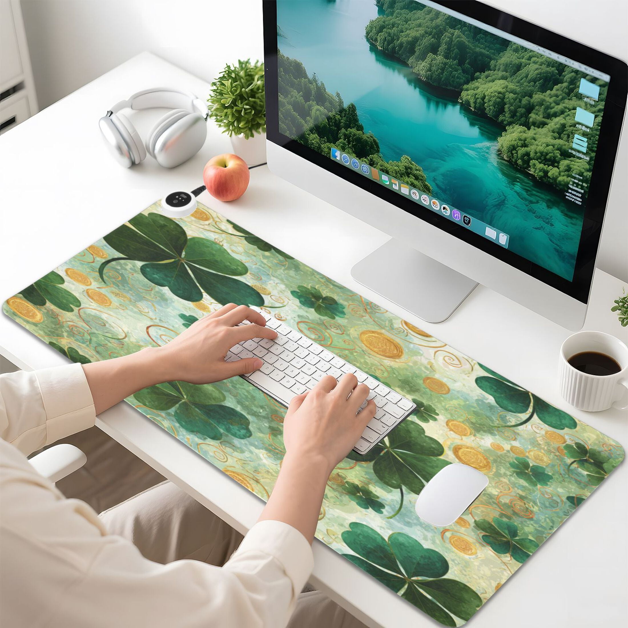 Large Heated Desk Mat Mouse Pad 31.5"x13"PU Leather Graphene Heating Desk Warmer with 3 Temperature Settings 110V US Plug Non-Slip Warm Pad for Home, Office, and Gaming Lucky Clover Coin Pattern
