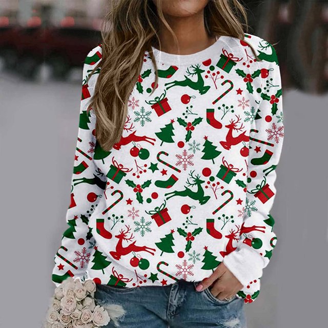 Mode Noël Femmes Imprimé Manches Longues Confortable Respirant Col Rond Chemise Hauts
