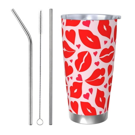 

Qekee Lips Kiss Print 20OZ Car Cup Stainless Steel Vacuum Insulated Tumbler Tumbler Cup With Lid And Straw Travel Coffee Mug-Straw Three-piece Set