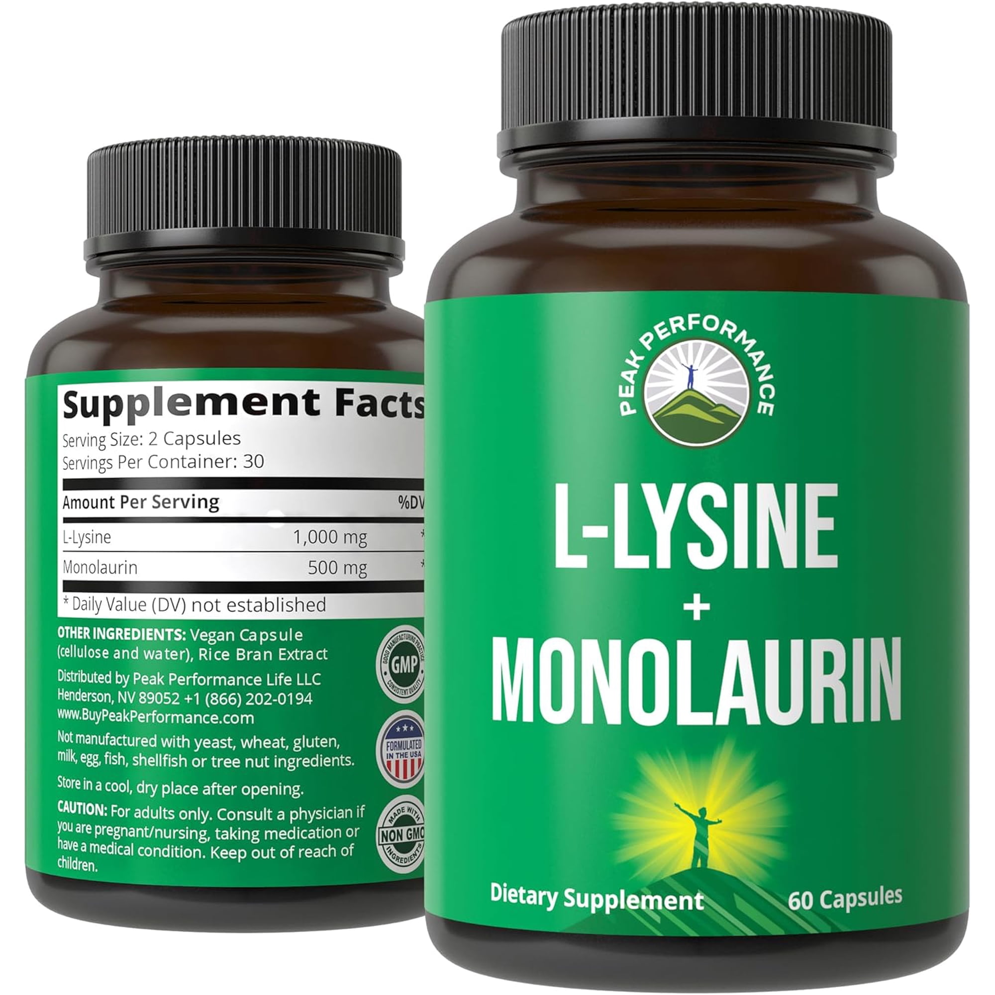Peak Performance L-Lysine + Monolaurin Immune Support Supplement, Skin & Lip Care, 60 Count
