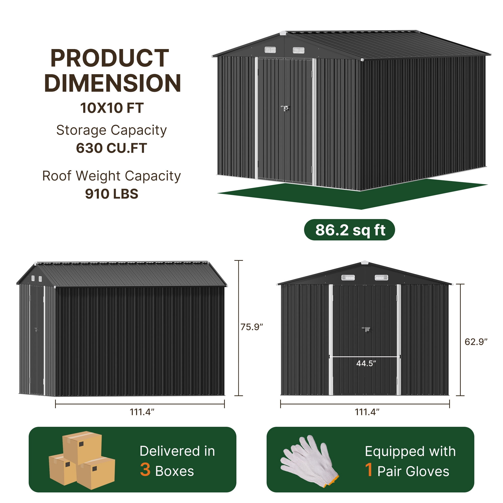 10'x10' ft Outdoor Storage Shed on Sale, Sheds & Outdoor Storage with Lockable Doors, Metal Garden Shed by Durable Galvanized Steel for Patio, Lawn, Grey