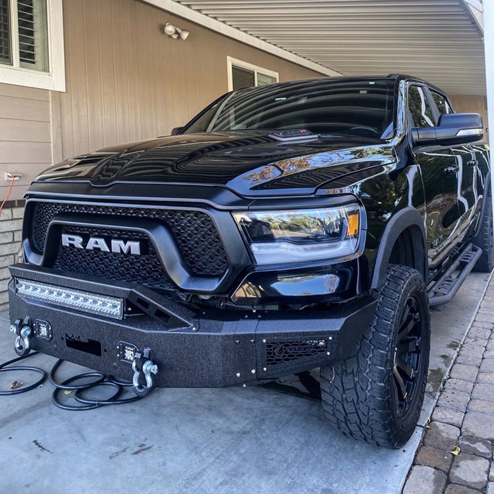 Vijay Compatible with 2019-2020-2021-2022-2023-2024 Dodge RAM 1500 Front and Rear Bumper Textured Black Steel with Lights and D-rings (NOT for Classic)
