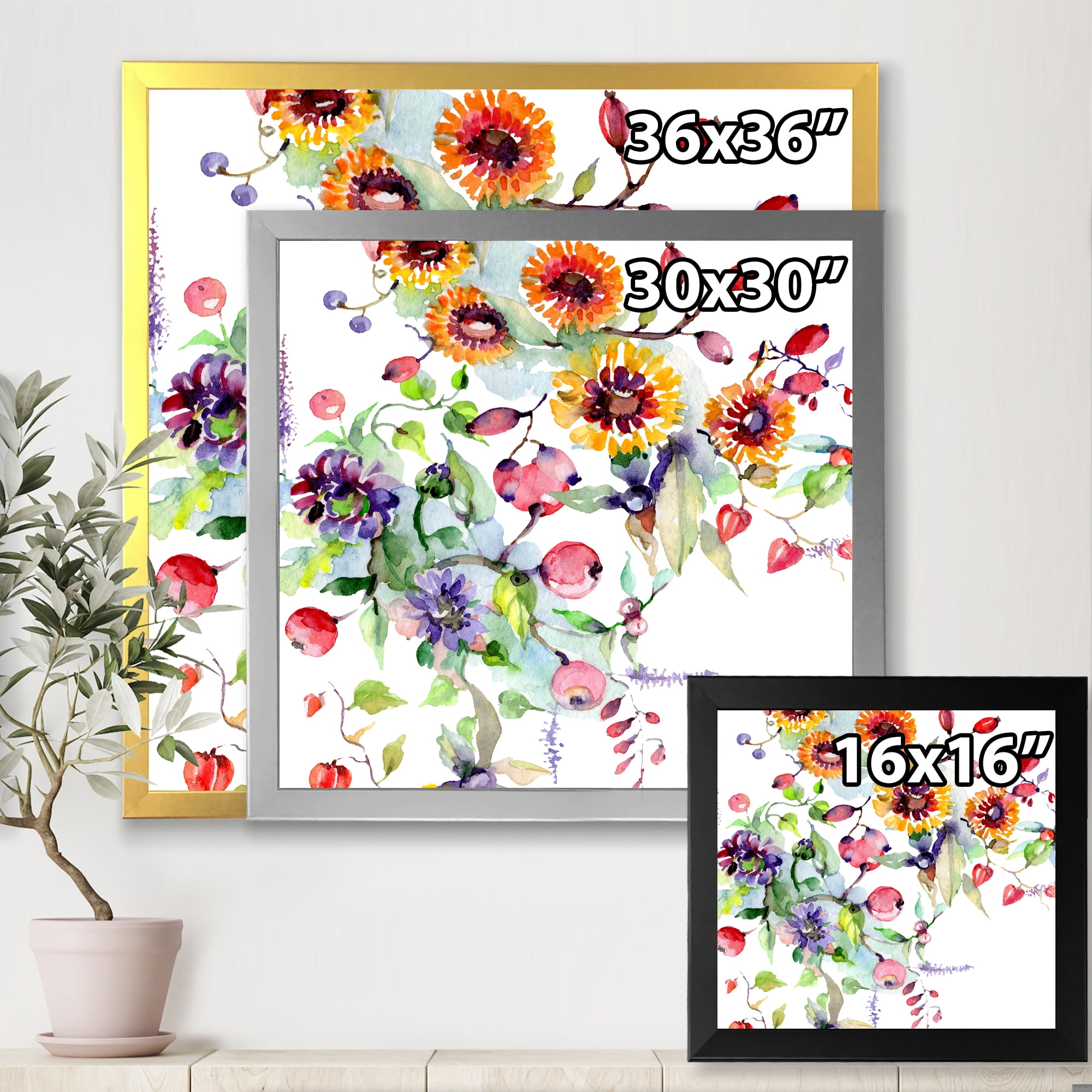 Wildflowers and Vibrant Wild Spring Leaves XI 16 in x 16 in Framed Painting Canvas Art Print, by Designart