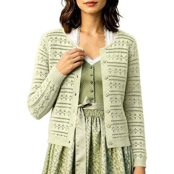 Arlun Womens Lightweight V-Neck Long Sleeve Lace Eyelet Cardigans Elegant Button down Loose Fit Openwork Cropped Cardigan Fall Soft Cozy Short Outerwear for Daily Wear