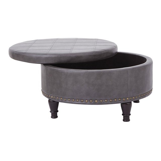 Ottoman Rond de Rangement Augusta en Cuir Gris Étain