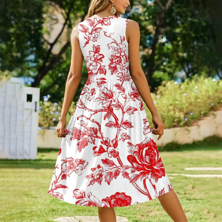 airy flowy dresses WTOBBY Women's Summer Casual Beach Dress with Short Sleeve Striped Geometric Print,Round-Neck Design for Pods Style, Comfortable and Airy Flowy Dress for Vacation and Outdoor Activities,Red XL