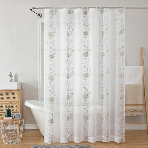 Sheer Cloth Shower Curtain with Hooks, Washable Shower Curtain White/Chm Rose