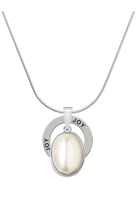 Silvertone Small Cream Imitation Pearl Joy Ring Charm Necklace, 18"