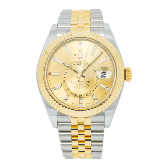 Pre-Owned Rolex Sky-Dweller 42MM 336933 Champagne Dial Fluted Bezel Two Tone Yellow Gold Jubilee Bracelet