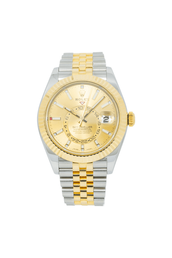 Pre-Owned Rolex Sky-Dweller 42MM 336933 Champagne Dial Fluted Bezel Two Tone Yellow Gold Jubilee Bracelet