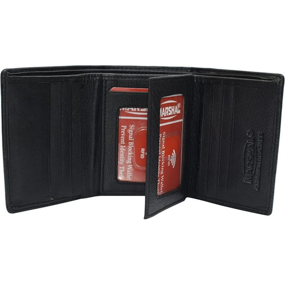 Marshal RFID Protected Men's Cowhide Leather Trifold Wallet with 9 Card Slots 2 Note Pocket & 2 ID Windows Black