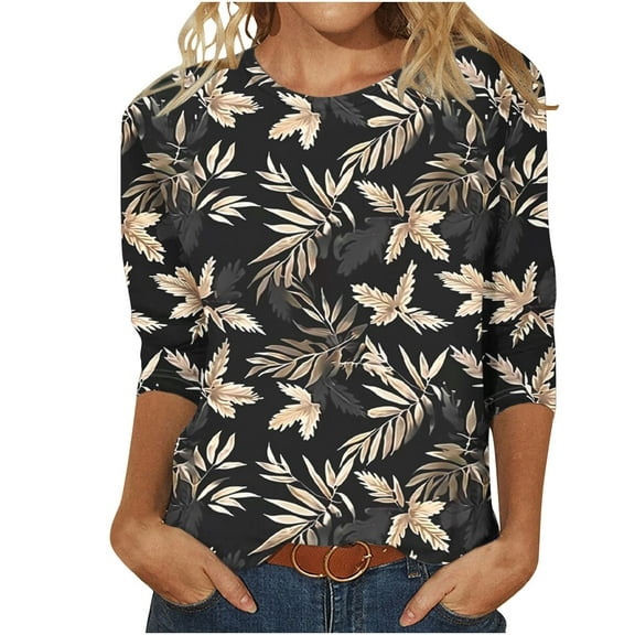 Mittory Womens 3/4 Length Sleeve Tops Casual Three Quarter Sleeve T-Shirts Round Neck Cute Tunic Tops Summer Blouses