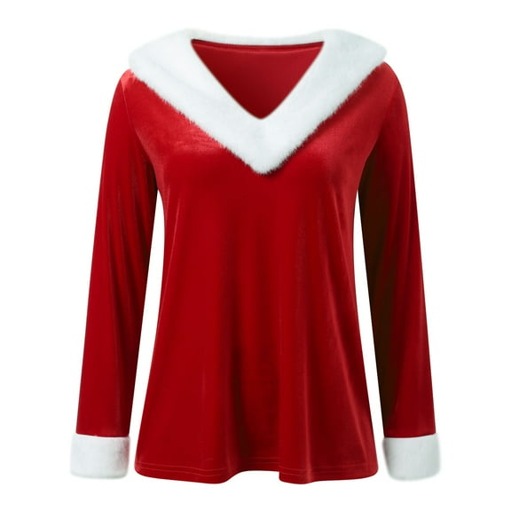 IWRICH Christmas T Shirts for Women Xmas V Neck Trim Tees Casual Loose Long Sleeve Pullover Tops Red XL